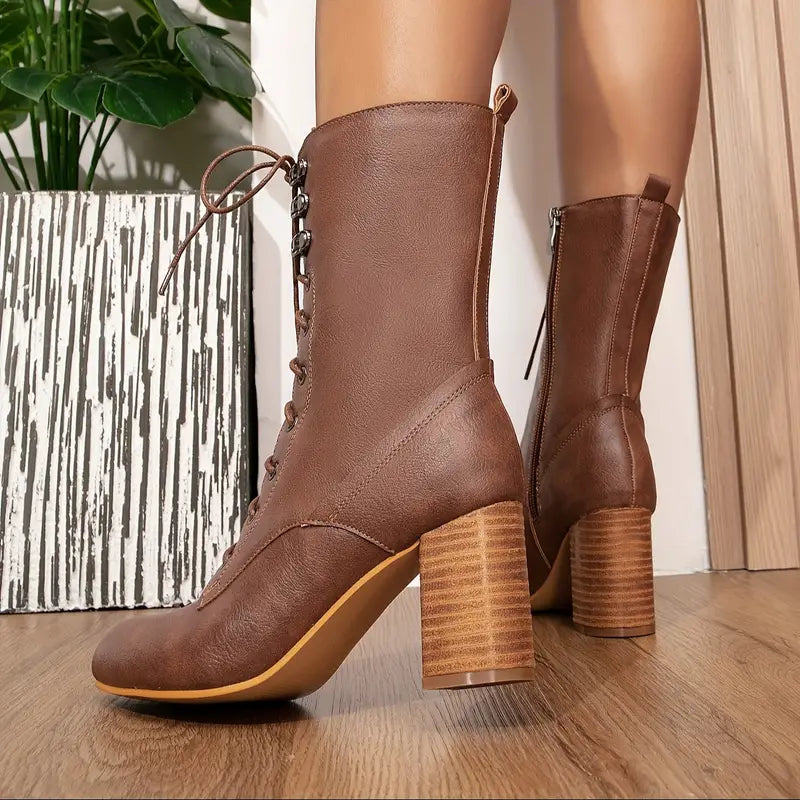Damen-Lederstiefel, dicker Absatz, Spitzendesign, Samtfutter-5