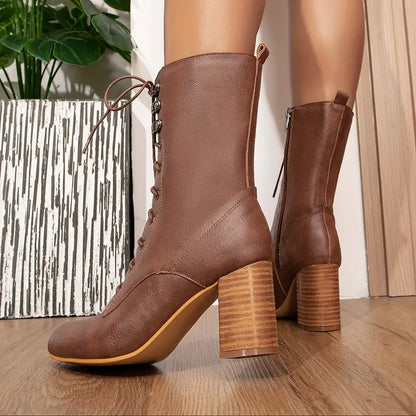 Damen-Lederstiefel, dicker Absatz, Spitzendesign, Samtfutter-5