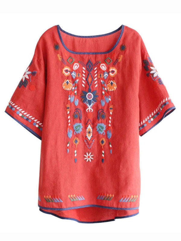 Damen-T-Shirt, Oversized geblümte Stickerei, Baumwolle und Leinen-2