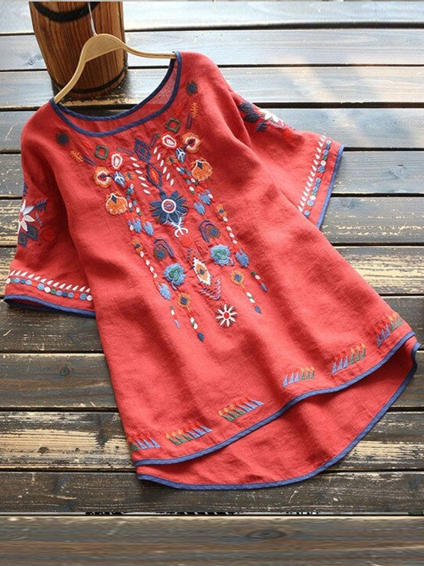 Damen-T-Shirt, Oversized geblümte Stickerei, Baumwolle und Leinen-1