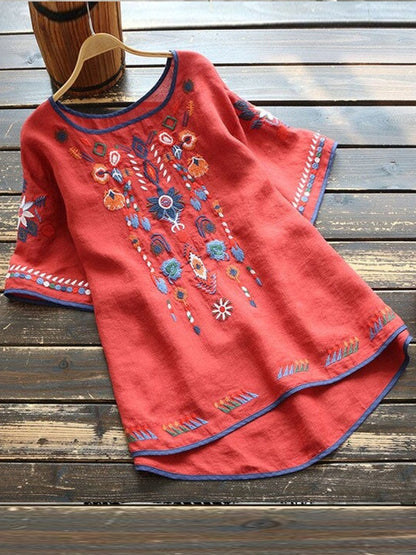 Damen-T-Shirt, Oversized geblümte Stickerei, Baumwolle und Leinen-1