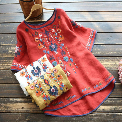 Damen-T-Shirt, Oversized geblümte Stickerei, Baumwolle und Leinen-5