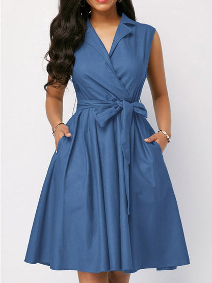 Variant image for Damenkleid A-Linienförmig Midi Denim mit Taillengürtel-1