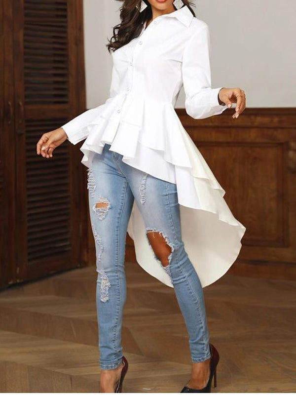 Damen Hemd Rüschen Asymmetrisch Polyester mit langen Ärmeln-1