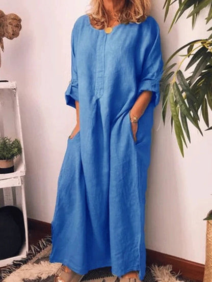 Maxikleid Damen Jacquard Baumwolle und Leinen Asymmetrisch-5