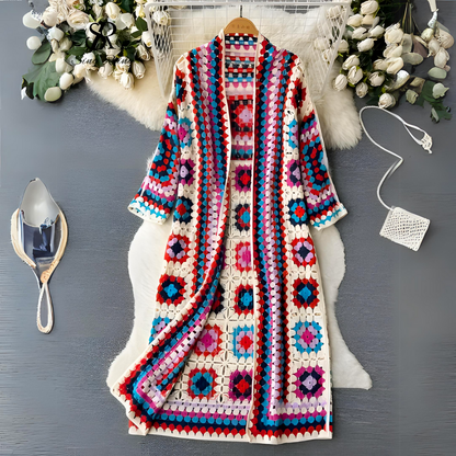 Damen-Strickjacke, lang, gestrickt, böhmischer Ethno-Stil, Acryl-1