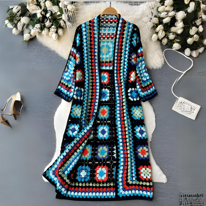 Variant image for Damen-Strickjacke, lang, gestrickt, böhmischer Ethno-Stil, Acryl-2