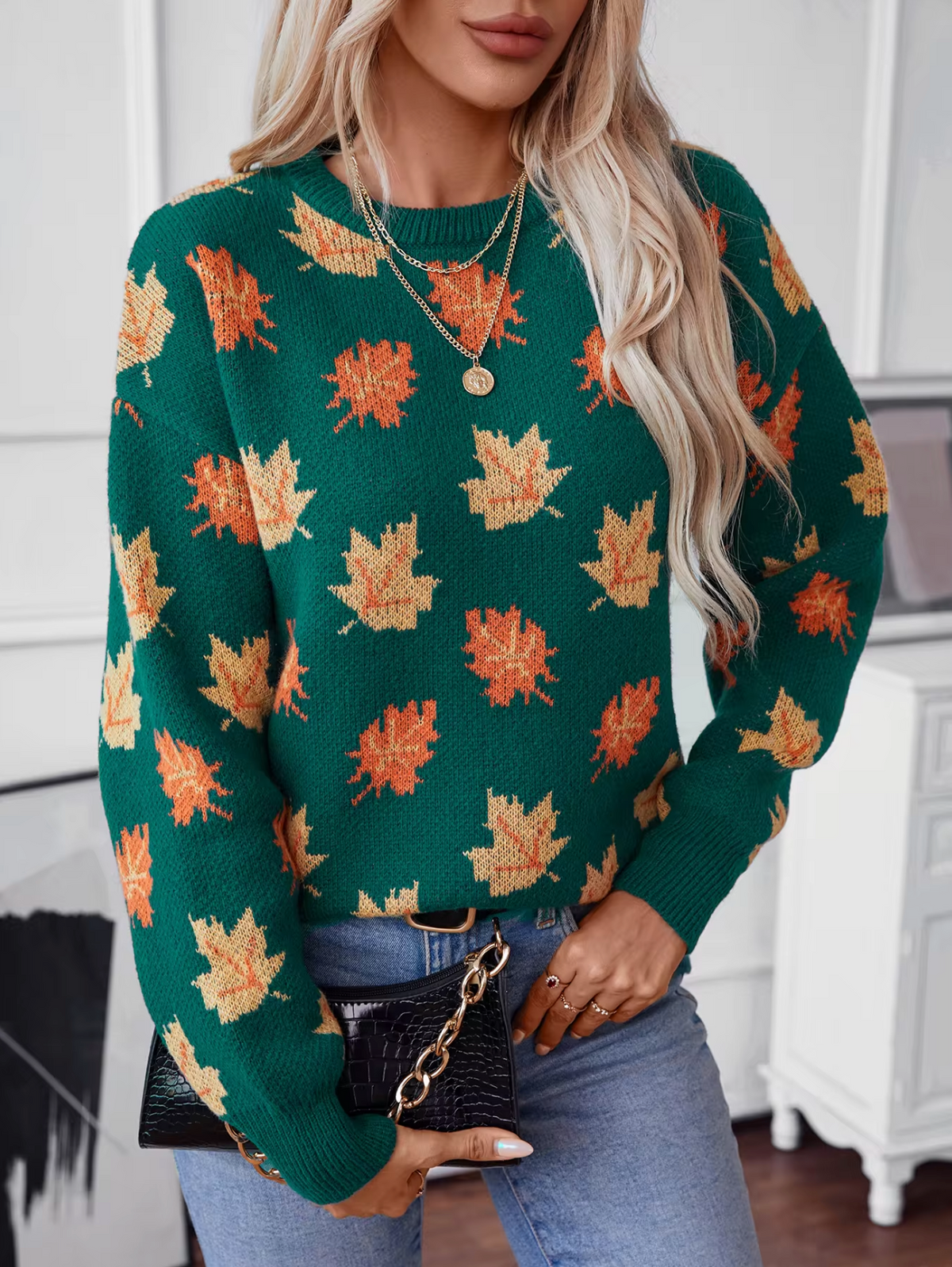 Damen-Strickpullover, Ahornblattmuster, weiche Mischung-2