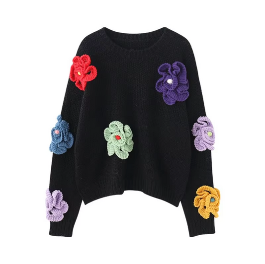 Damen-Strickpullover, 3D Blumen, lässige Acrylmischung-1