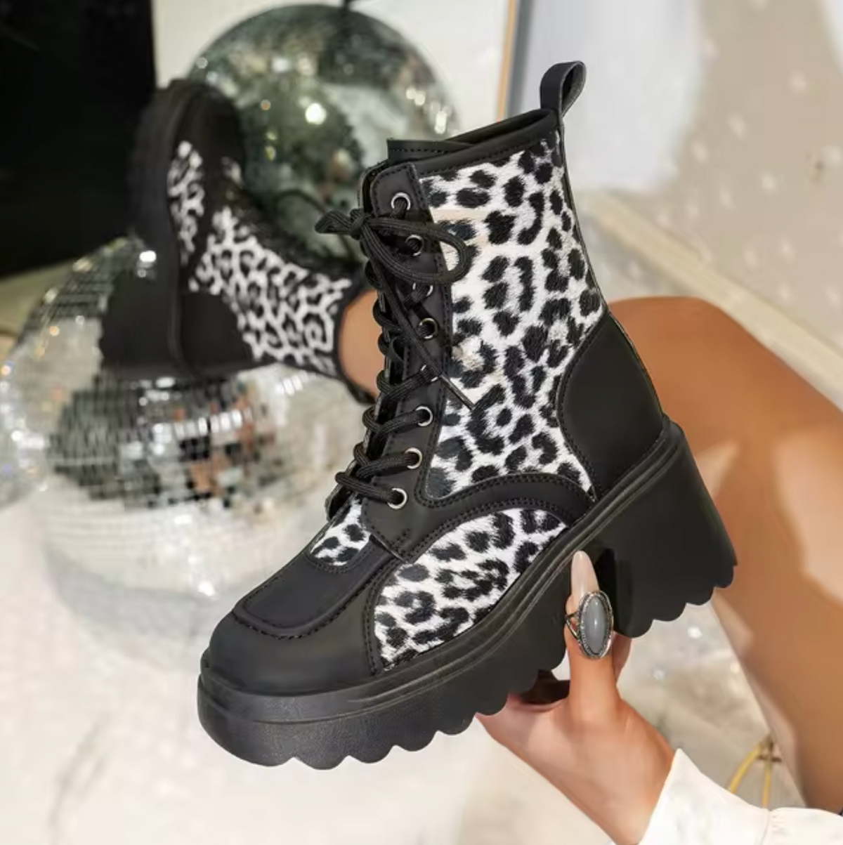 Damen-Stiefel, chunky Absatz, Leder, Leopardenmuster-5