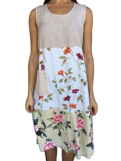 Damen-Midi-Kleid, Blumenmuster, runder Ausschnitt, weiche Baumwolle-3
