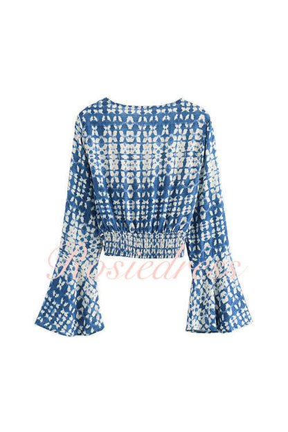 Damen V-Ausschnitt Ernte-Top mit Glockenärmeln und Twist-Front aus Baumwolle und Polyester-3
