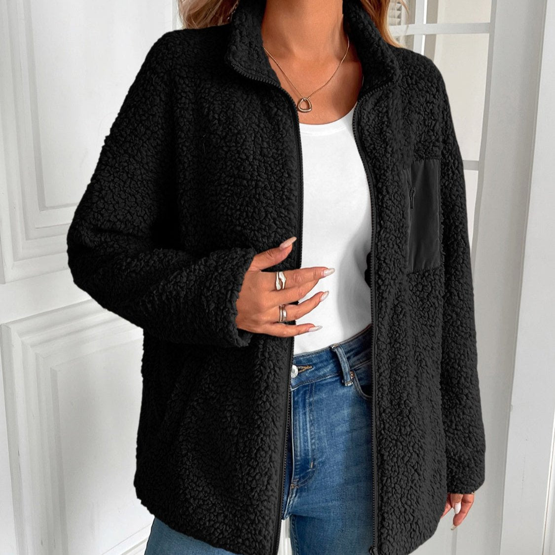 Damen-Fleecejacke, lässiger Winter, Plüschmaterial, mit Reißverschluss-6