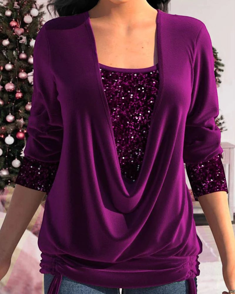 Blusen für Damen Langarm V-Ausschnitt Knitterfrei Stoff mit Pailletten-2