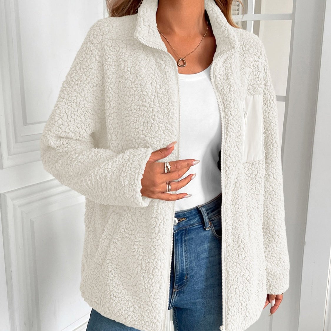Damen-Fleecejacke, lässiger Winter, Plüschmaterial, mit Reißverschluss-4