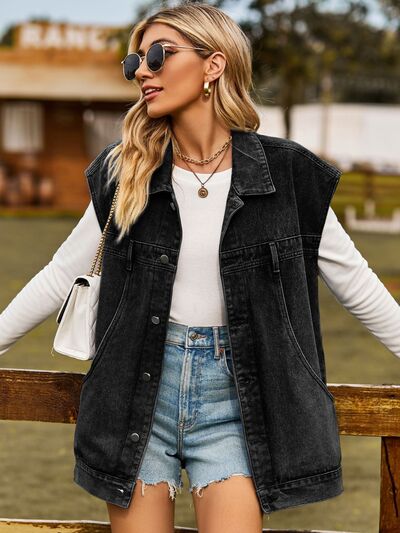 Damen Ärmellose Jeansjacke mit Knöpfe Lockeres Design-3