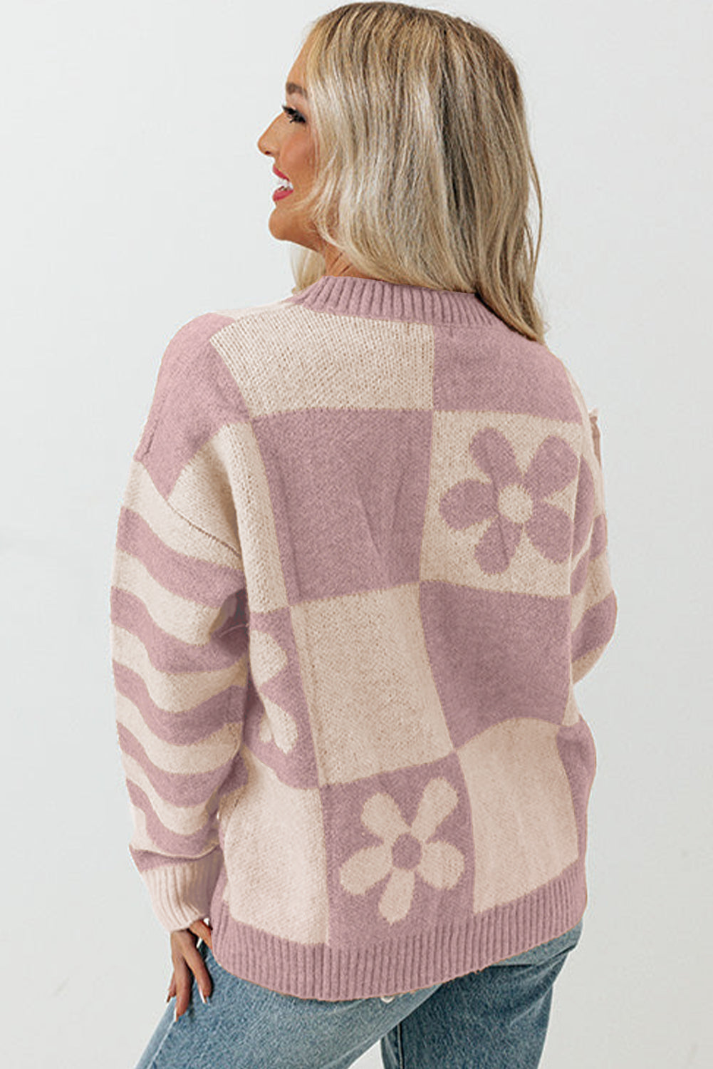 Blumen-Stricktop für Frauen mit gestreiften Ärmeln – lockere Passform aus hochwertigem Strickstoff, perfekt für Frühlings- und Sommeroutfits 3