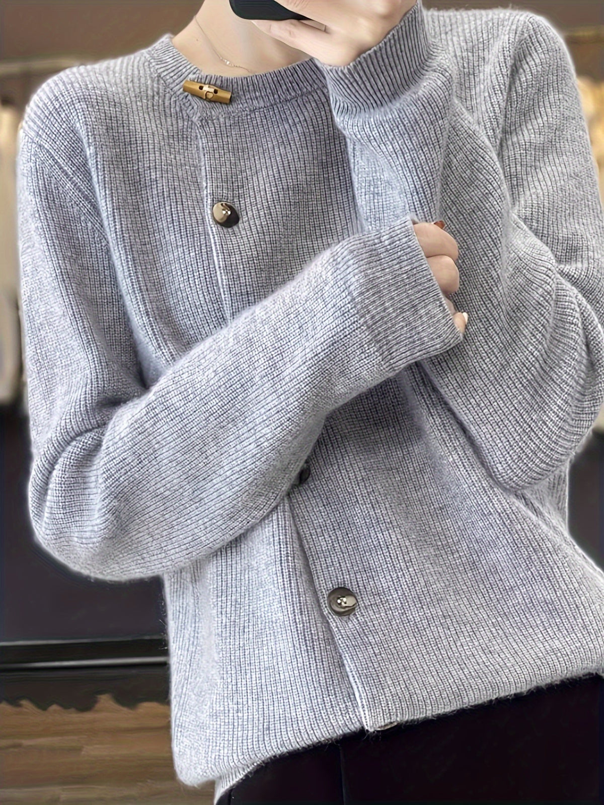 Damen-Strickjacke, klassisch, Knopfdesign, Rippstrick, Material-5