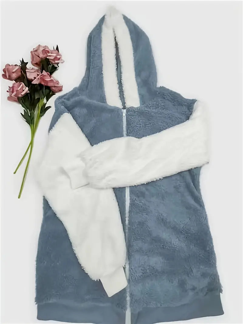 Damenjacke Hoodie Fleece-Material mit Kapuze und Reißverschluss-2