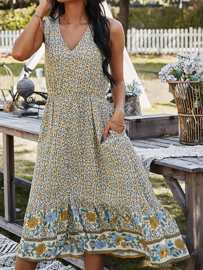 Damen-Midikleid, geblümt V-Ausschnitt, Baumwolle, und Viskose-6