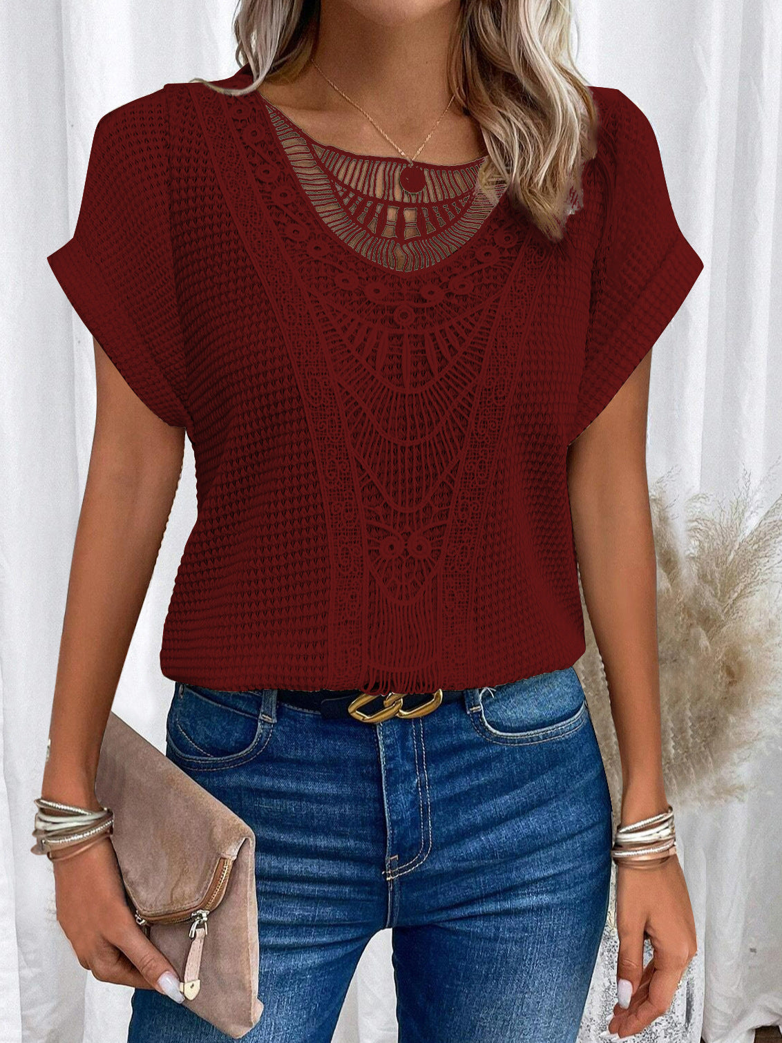 Damen-T-Shirt, Spitzendetails, Baumwollmix, kurze Ärmel 13