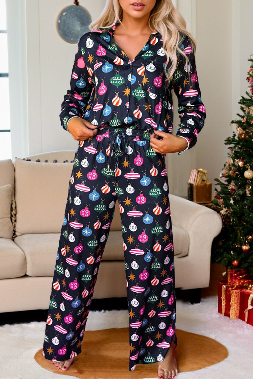 Damen-Set, lässiges Weihnachtskerzen-Muster, weiches Material-2
