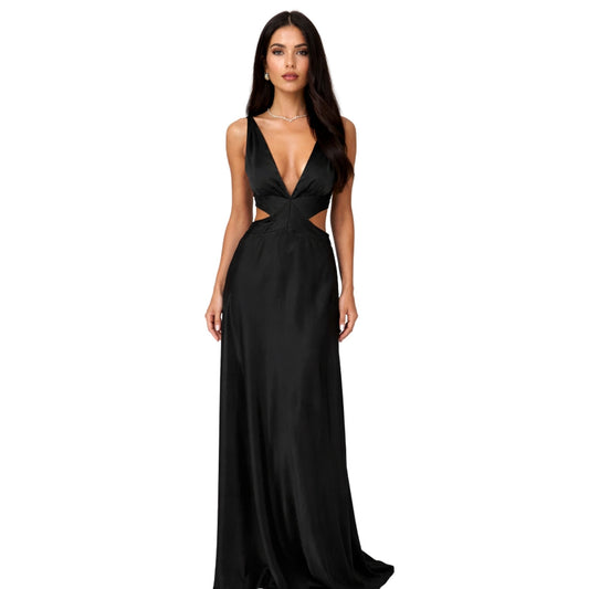 Damen-Maxikleid, tiefer V-Ausschnitt, fließendes Oberfläche