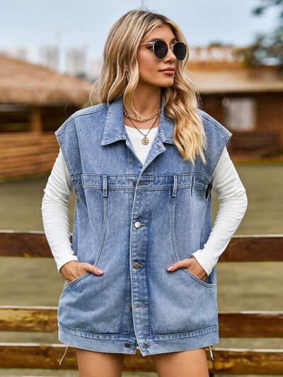 Variant image for Damen Ärmellose Jeansjacke mit Knöpfe Lockeres Design-5