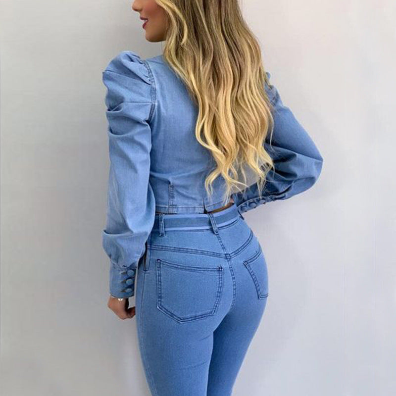Damen-Hemd, kurze Puffärmel, strapazierfähiger Denim-2