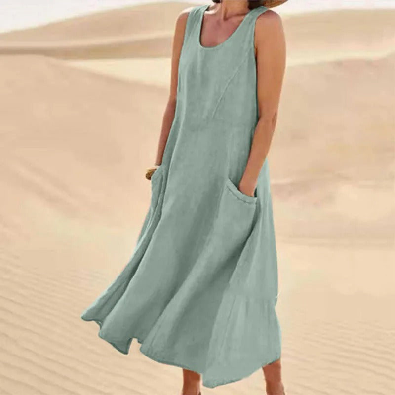 Damen-Kleines Leinenkleid mit Taschen, atmungsaktiv, Loose Fit 18