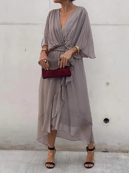Damen-Chiffonkleid, V-Ausschnitt, asymmetrisch, fließendes Material 8