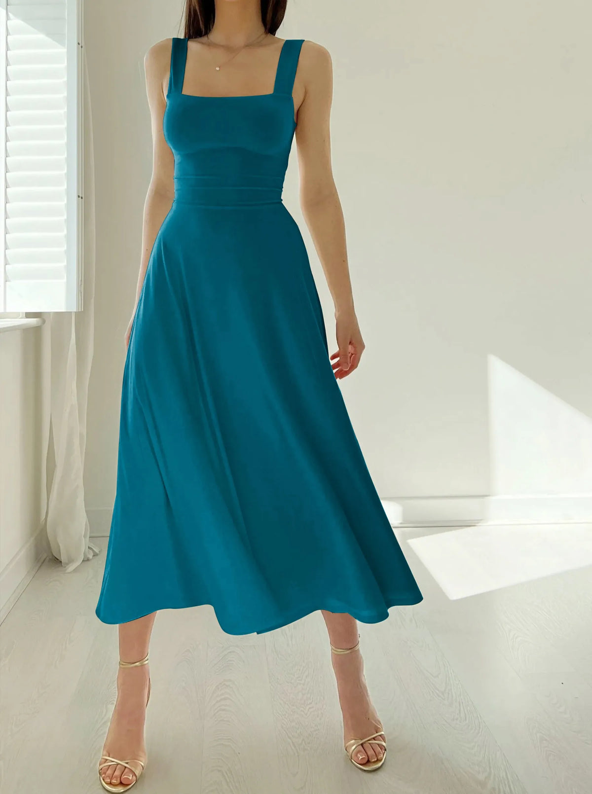 Damen-Midikleid, Eckiger Ausschnitt, Polyester, Elasthan-6