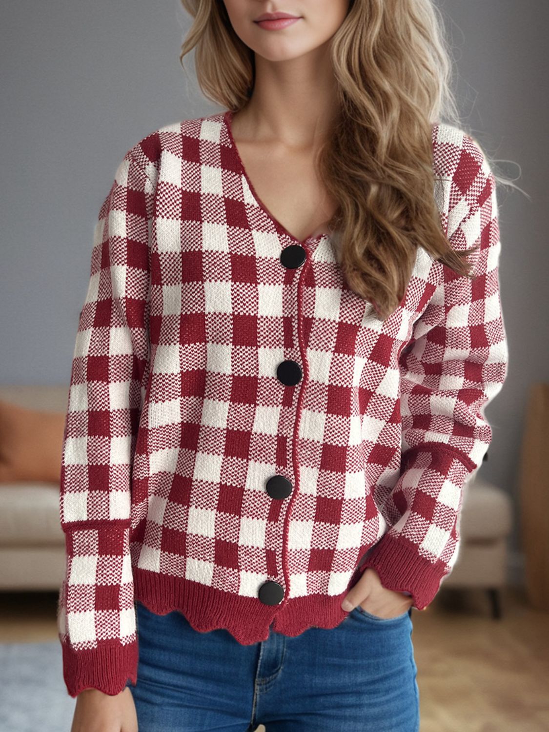 Variant image for Damen-V-Ausschnitt-Strickjacke, kariertes Muster, gestrickt, Herbst-3