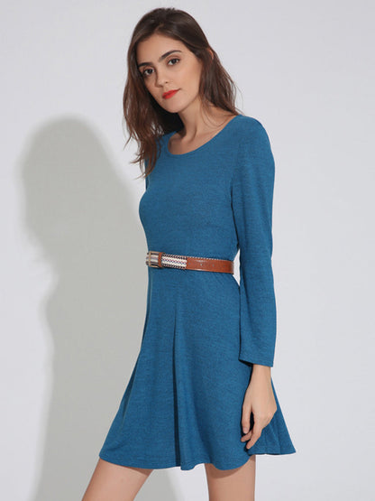 Damen-Minikleid, langärmlig, O-Ausschnitt, monochrom, Polyester-6