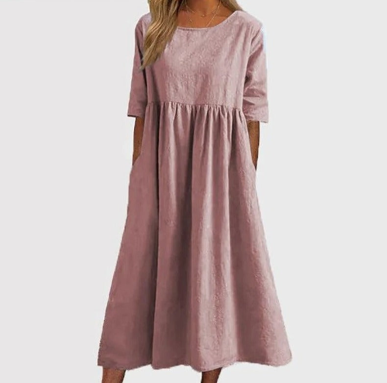 Damen-Midikleid, hoher Kragen, Baumwolle, halblange Ärmel-3
