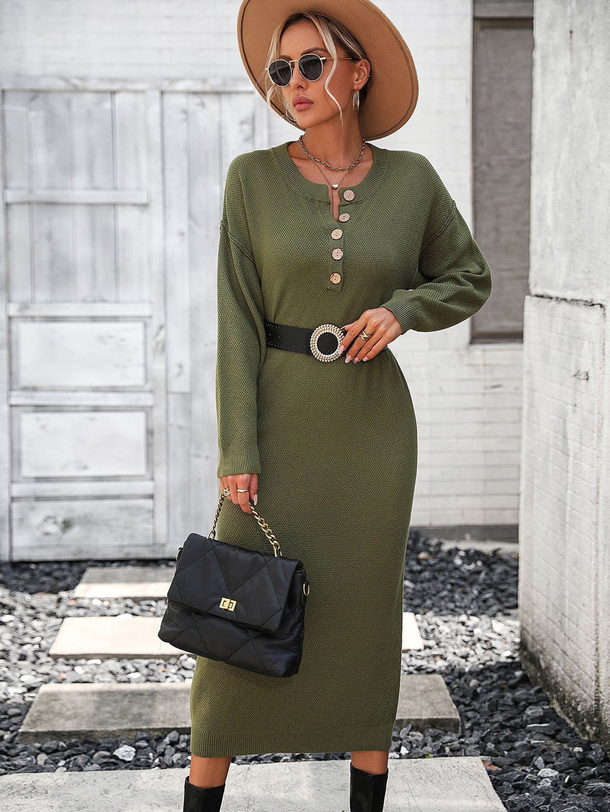 Damen-Midikleid, gestrickt, mit Knopfdetail, 100% Acryl-2