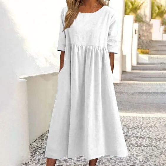 Damen-Midikleid, hoher Kragen, Baumwolle, halblange Ärmel-1