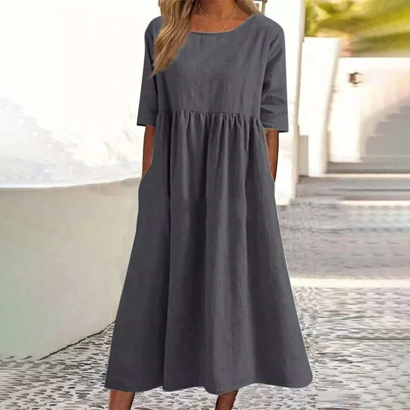 Damen-Midikleid, hoher Kragen, Baumwolle, halblange Ärmel-2