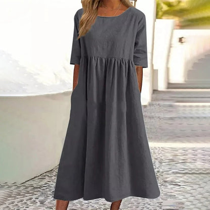 Damen-Midikleid, hoher Kragen, Baumwolle, halblange Ärmel-2