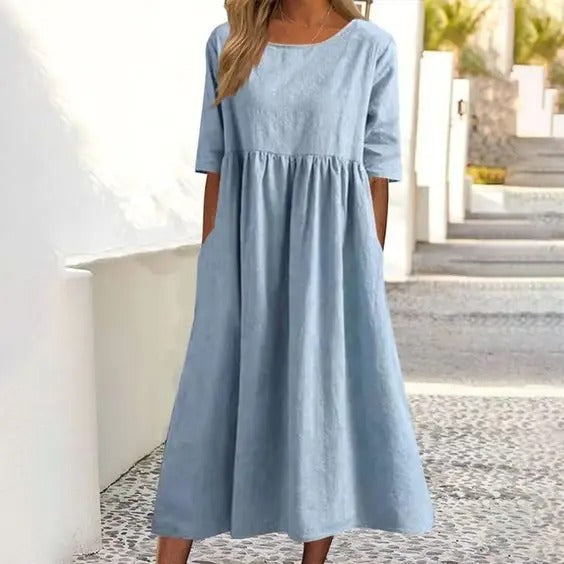 Damen-Midikleid, hoher Kragen, Baumwolle, halblange Ärmel-5