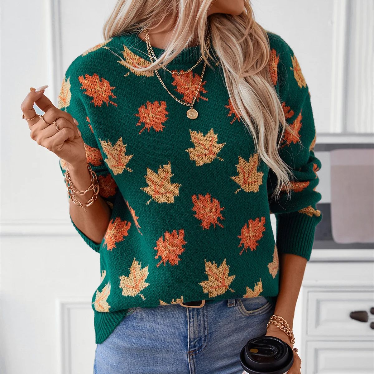 Damen-Pullover, Herbstlaub, weiche Baumwolle-2
