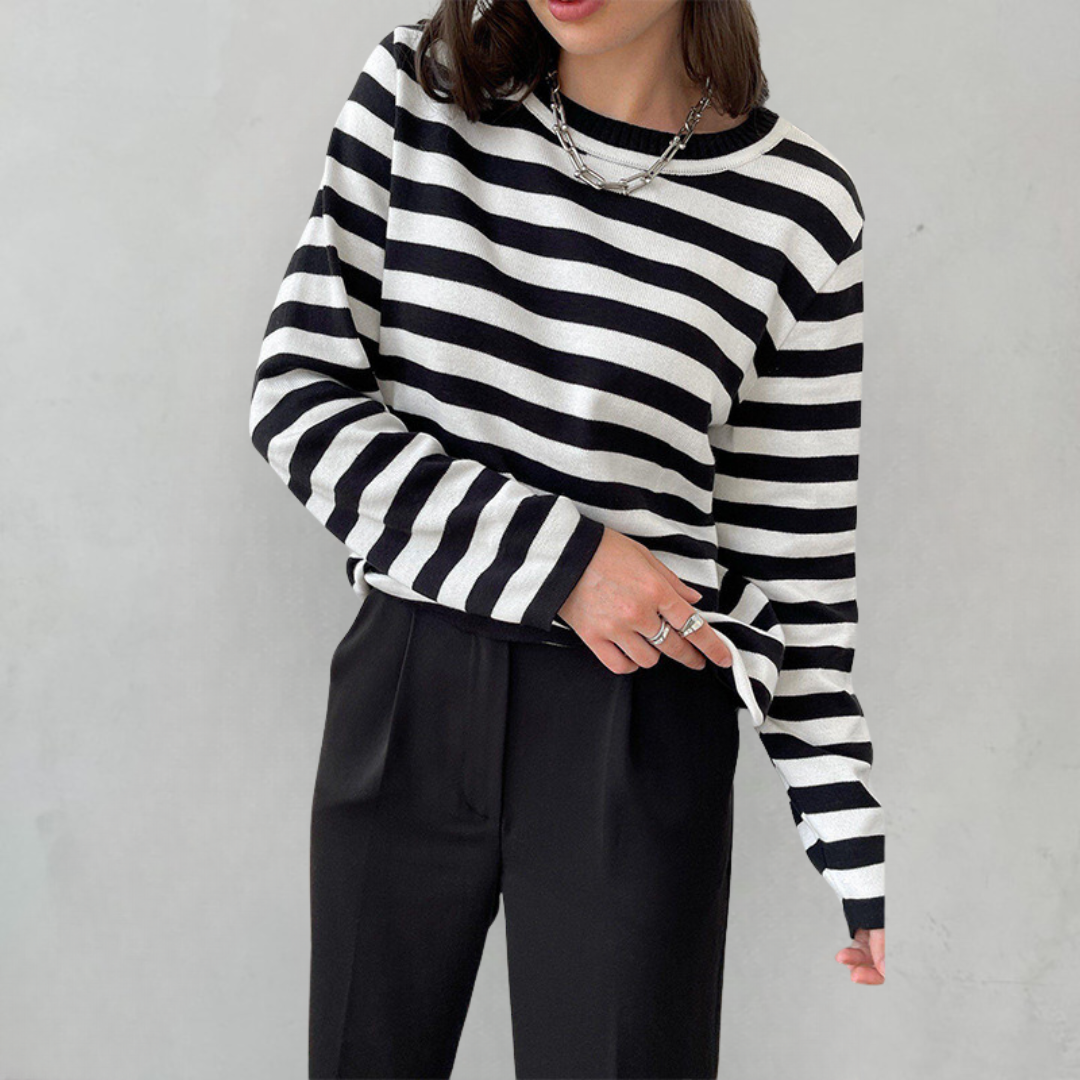 Gestreiftes Damen-Langarmshirt aus weicher Viskosemischung – Klassischer runder Halsausschnitt, perfekt für Alltag und Party 11