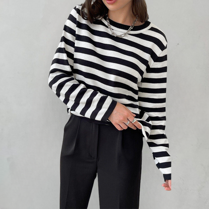 Gestreiftes Damen-Langarmshirt aus weicher Viskosemischung – Klassischer runder Halsausschnitt, perfekt für Alltag und Party 11
