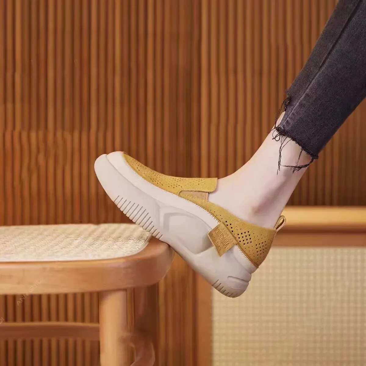 Damen-Flachschuhe, atmungsaktiv, Kunstleder, dicke Sohle-4
