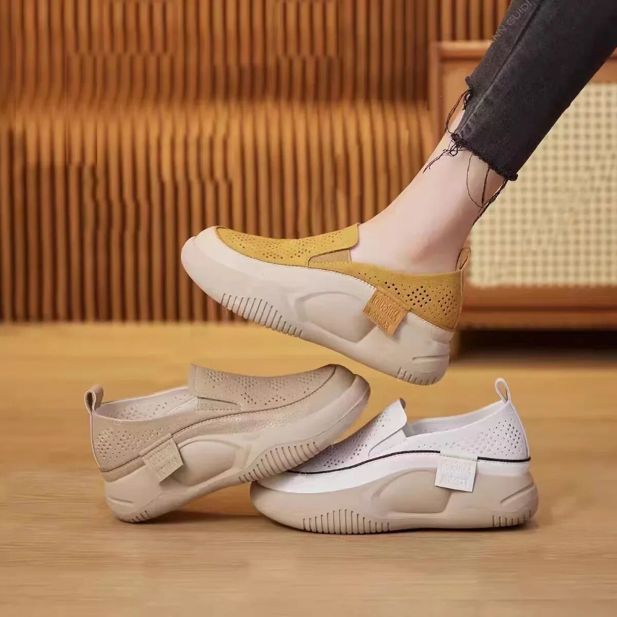 Damen-Flachschuhe, atmungsaktiv, Kunstleder, dicke Sohle-2