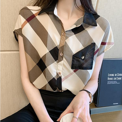 Damen-Chiffonbluse Kurze Ärmel Karo-Muster Luftiger Stil-4