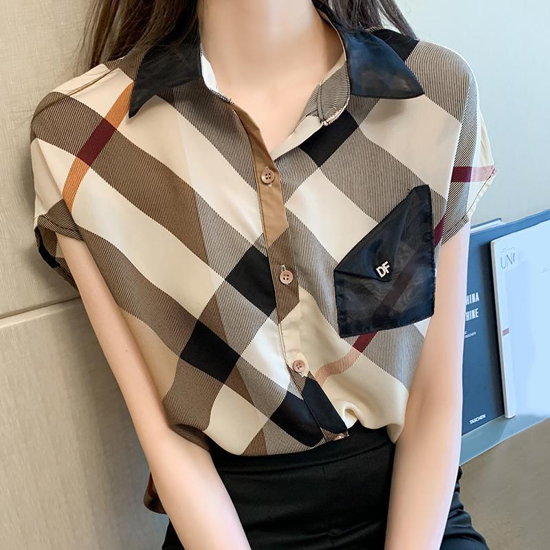 Damen-Chiffonbluse Kurze Ärmel Karo-Muster Luftiger Stil-3