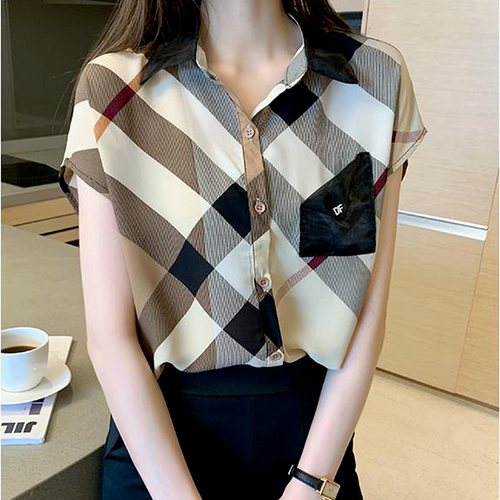 Damen-Chiffonbluse Kurze Ärmel Karo-Muster Luftiger Stil-1