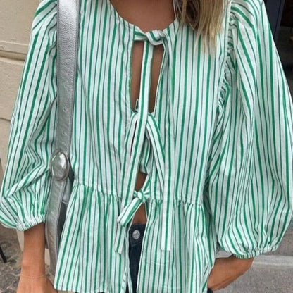 Damenbluse mit Puffärmeln gestreiftes Design leichter Stoff-2