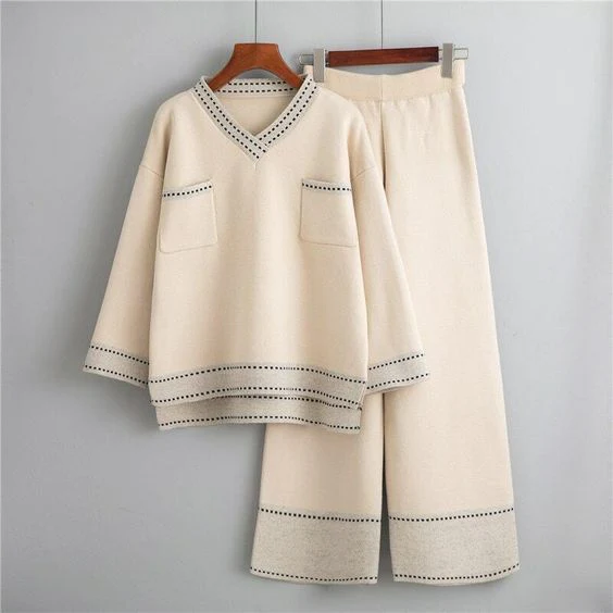 Damen-zweiteiliges Set, V-Ausschnitt, lange Ärmel, Polyester, Elasthan-2